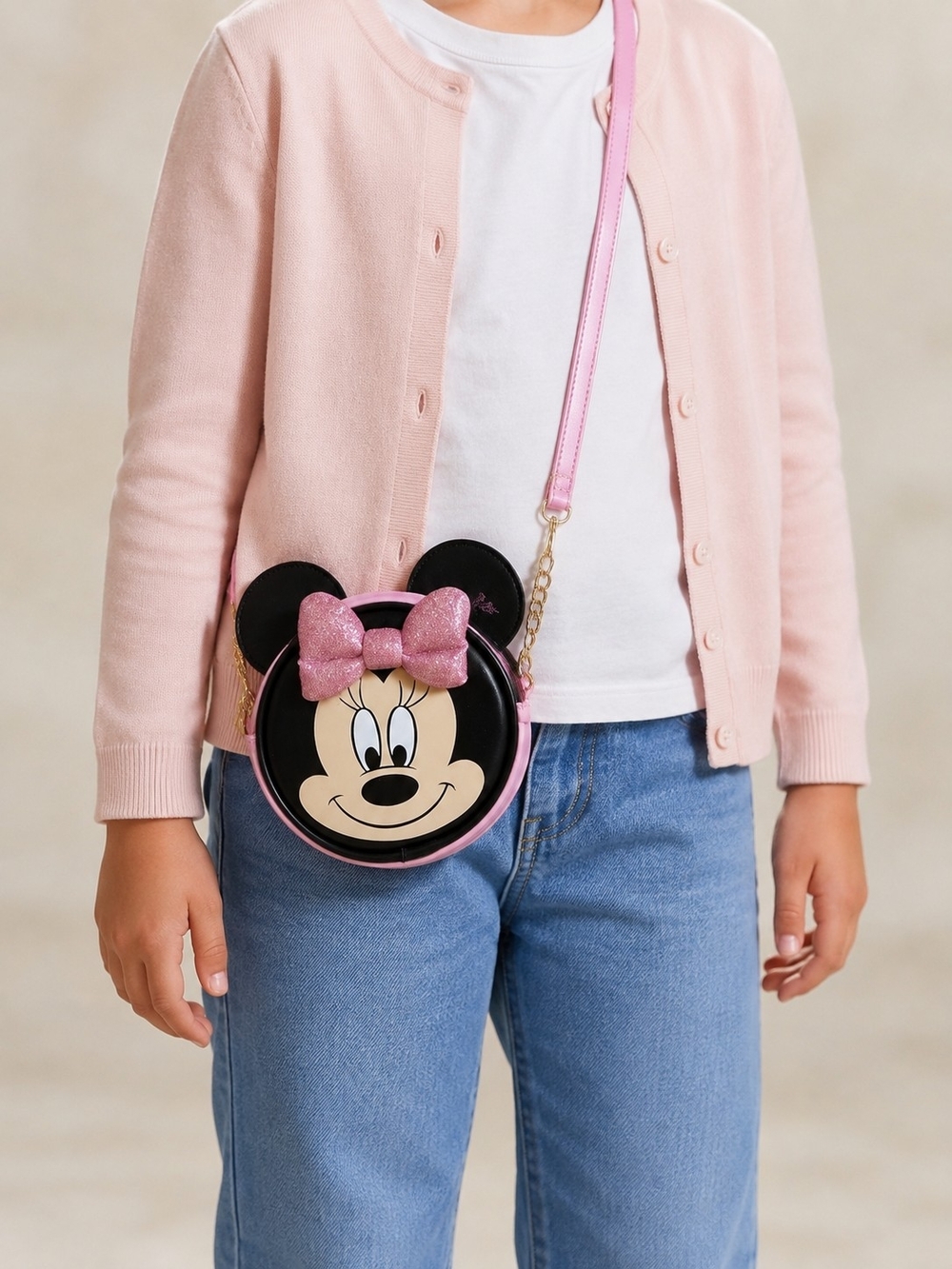 Minnie Mouse Pink Black Round Crossbody Bag Glitter Bow Girls Fandom